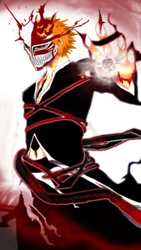 Dynamic Bleach Wallpaper: Character in Hollow Mask with Fiery Power