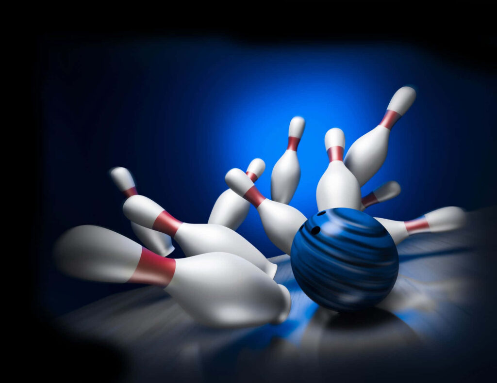 Vibrant blue bowling ball hitting white pins with red stripes dynamic motion blur wallpaper background