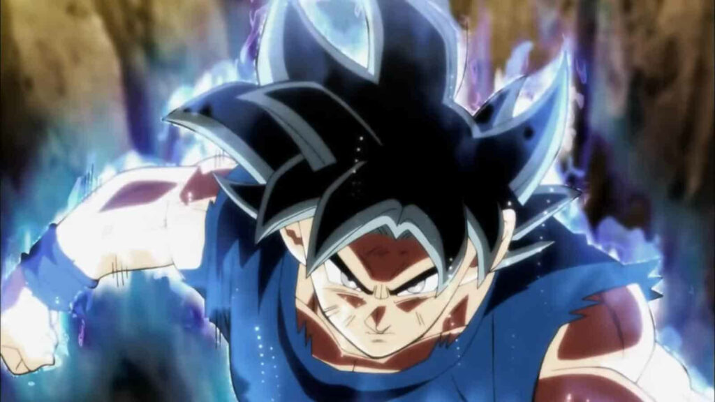 Sonic Speed: Captivating Ultra Instinct Goku Races through a Brown Landscape in a Strikingly Illuminated Blue Aura Wallpaper