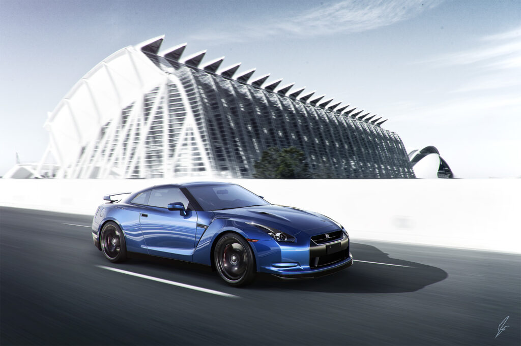 Dynamic Blue Nissan GT-R Wallpaper with Modern Architecture Background