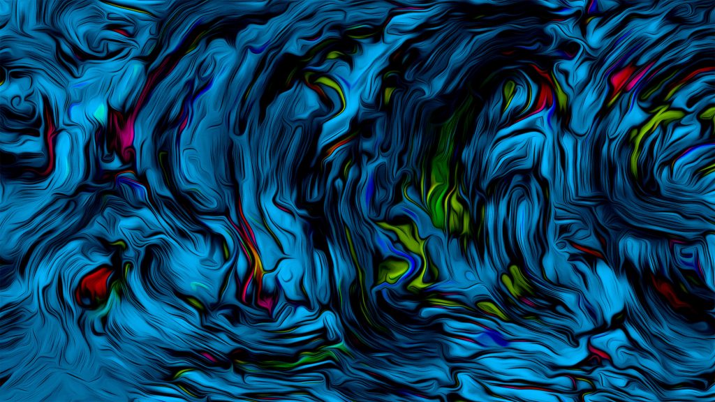 Colorful abstract wallpaper with flowing blue swirls vibrant green red accents and bold black outlines