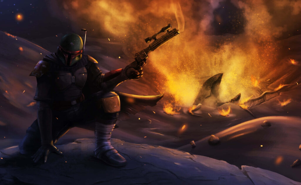 Boba Fett: Legendary Bounty Hunter Wallpaper Amid Fiery Chaos