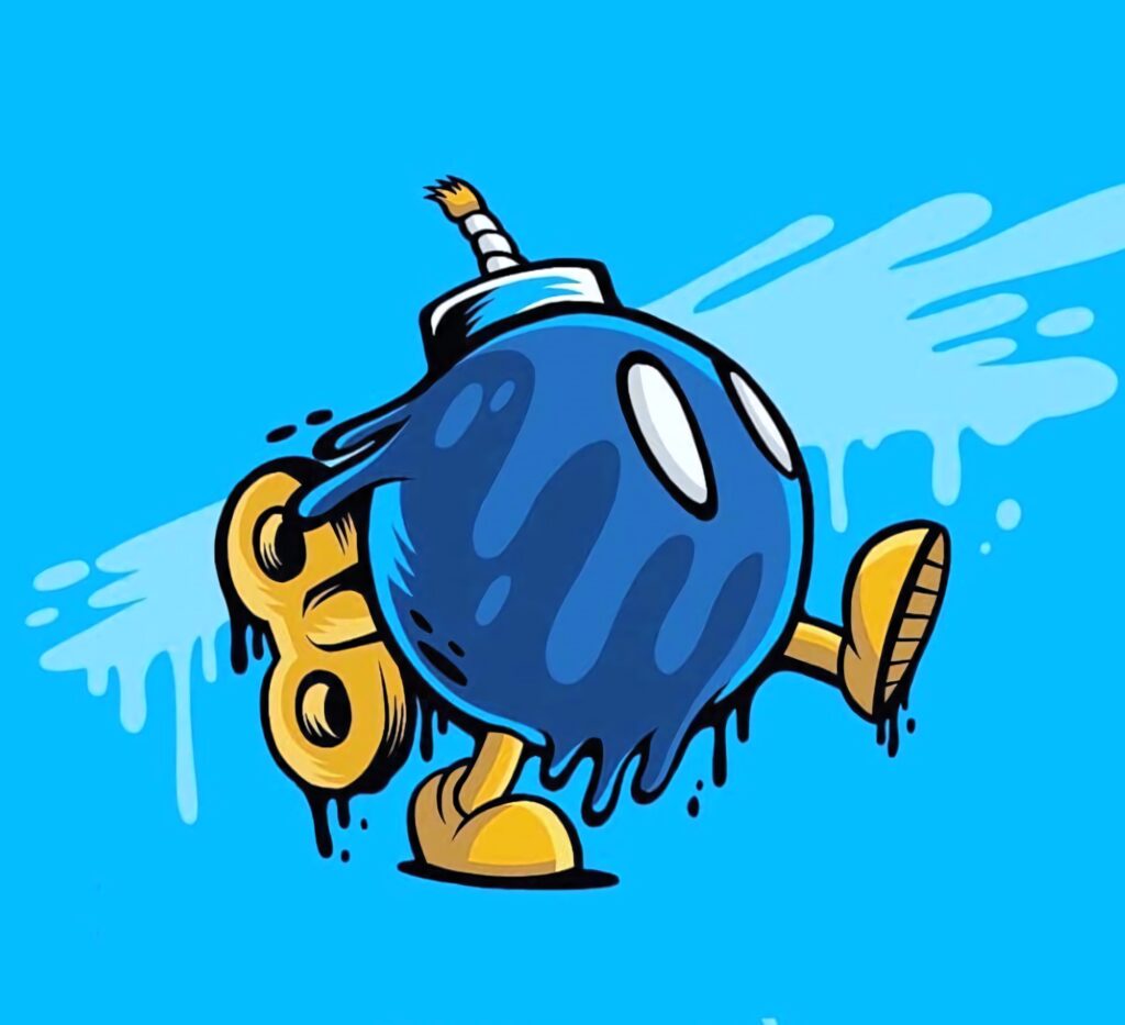 Bob-omb cartoon wallpaper with vibrant colors playful blue background and energetic paint splashes