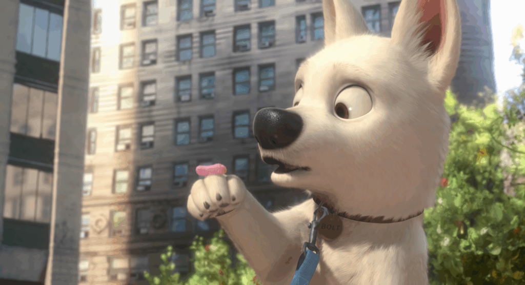 Dynamic Bolt dog wallpaper vibrant cityscape sunlight heroic adventurous spirit background