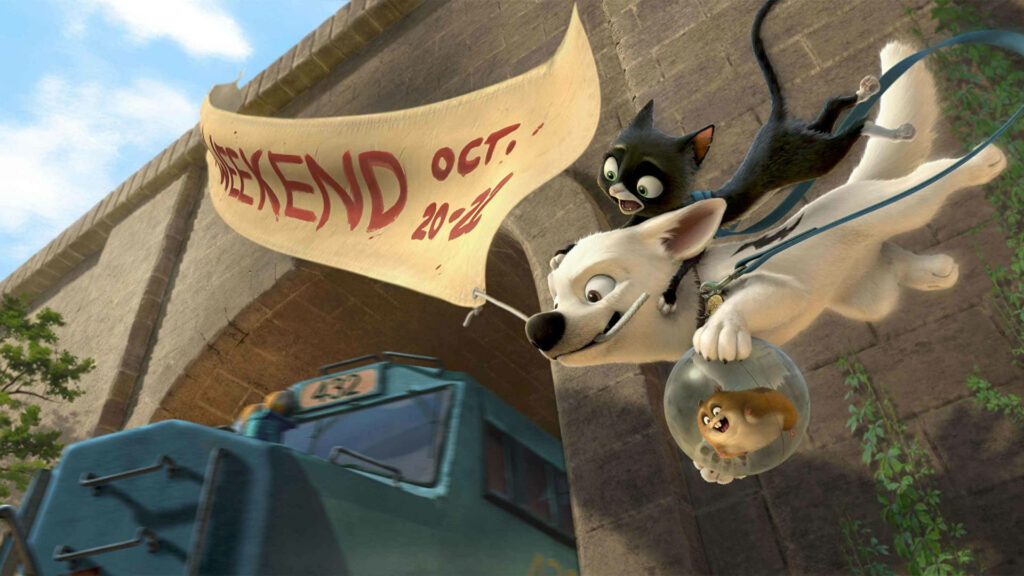 Bolt the white dog flying with Mittens and Rhino ball vibrant 3D animated adventure wallpaper