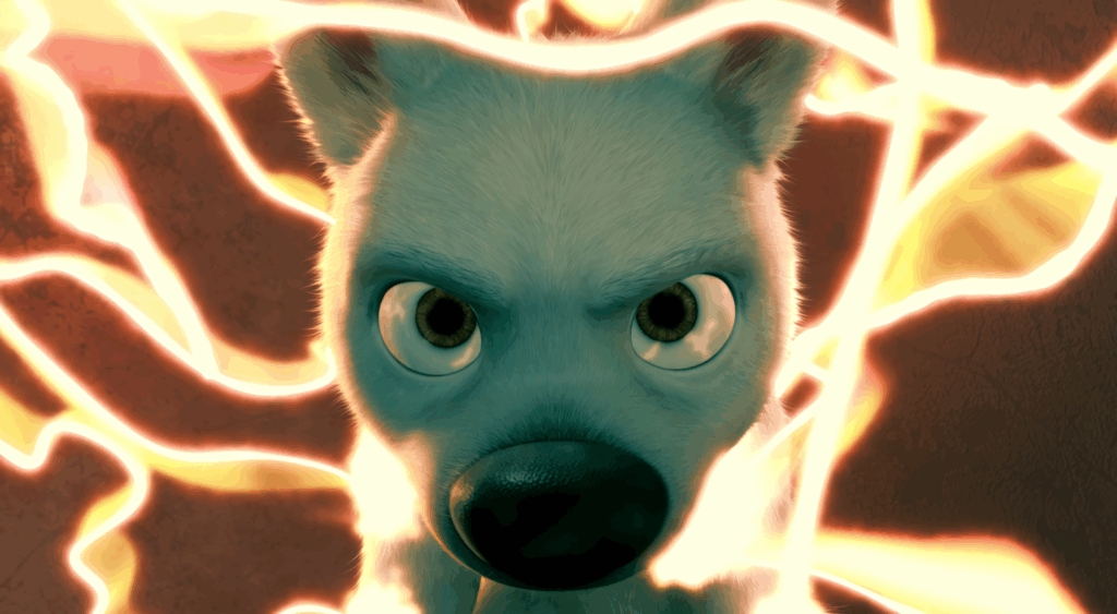 Dynamic Bolt wallpaper with Super Bolt surrounded by electric lightning in vibrant 3D Disney style