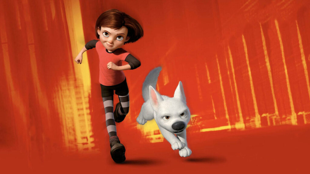 Bolt and Penny running together on vibrant orange wallpaper showcasing action and friendship