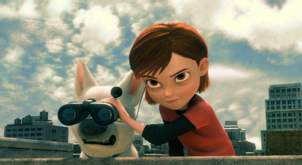Bolt with white fur alert and Penny with binoculars on rooftop cityscape wallpaper vibrant animation