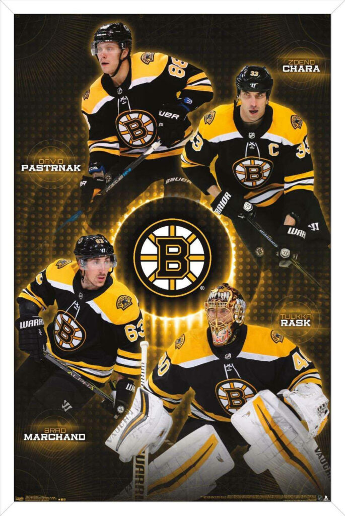 Boston Bruins wallpaper with Brad Marchand Pastrnak Chara Rask in black gold uniforms HD sports photo