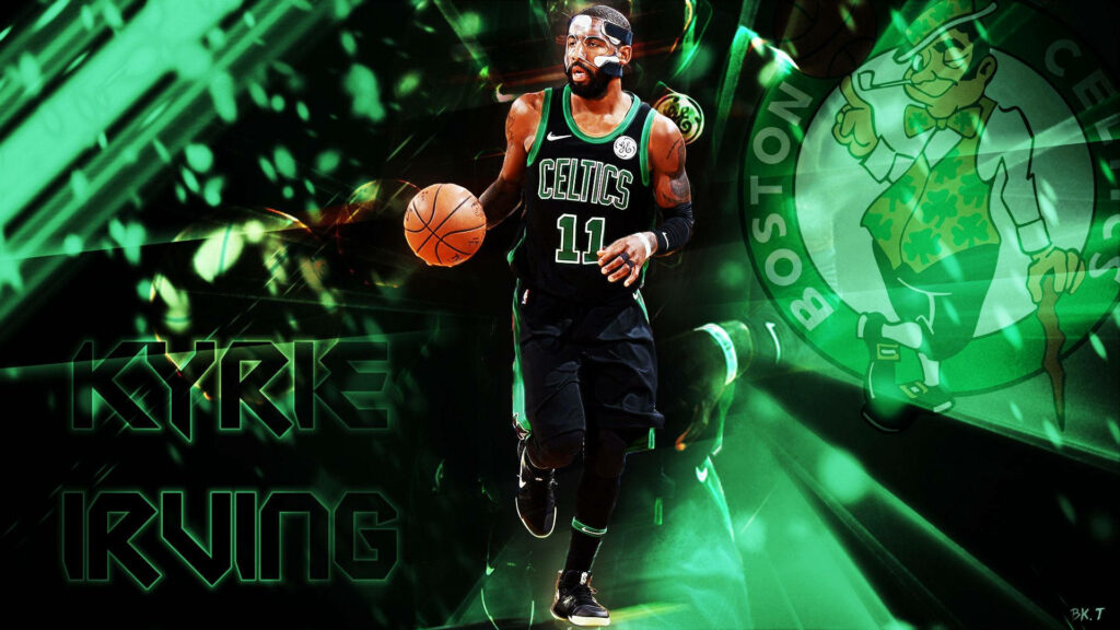 Boston Celtics Kyrie Irving wallpaper vibrant green background with bold Celtics logo and lighting effects