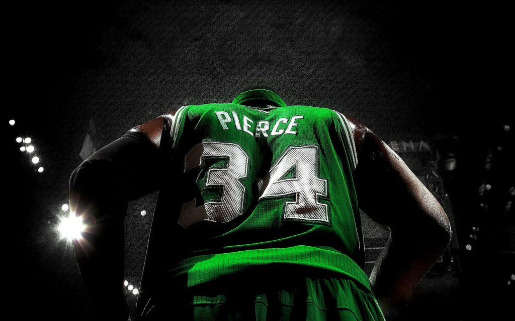 Paul Pierce Boston Celtics wallpaper green jersey number 34 intense basketball action background