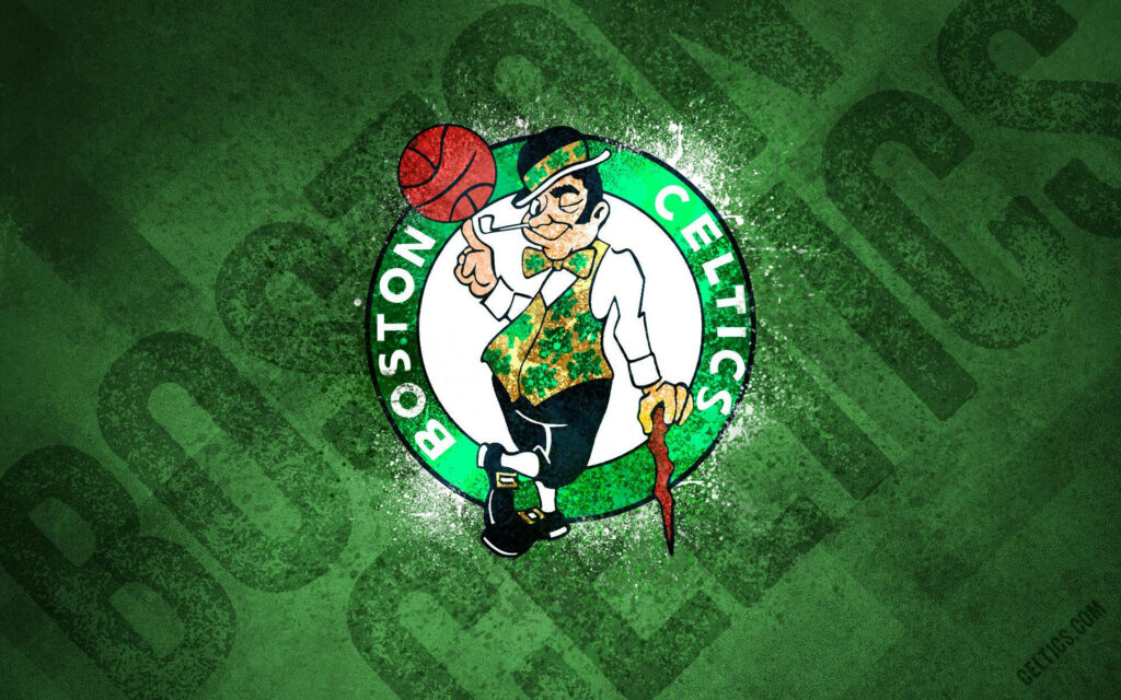 Boston Celtics logo wallpaper with spinning leprechaun mascot on textured green background