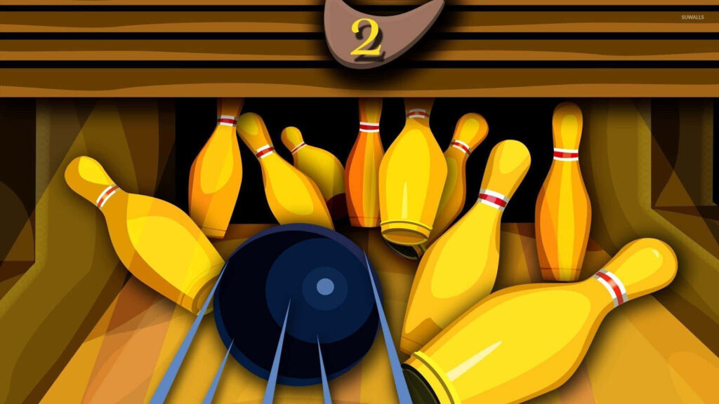 Dynamic bowling alley wallpaper with black ball striking vibrant yellow pins in modern style