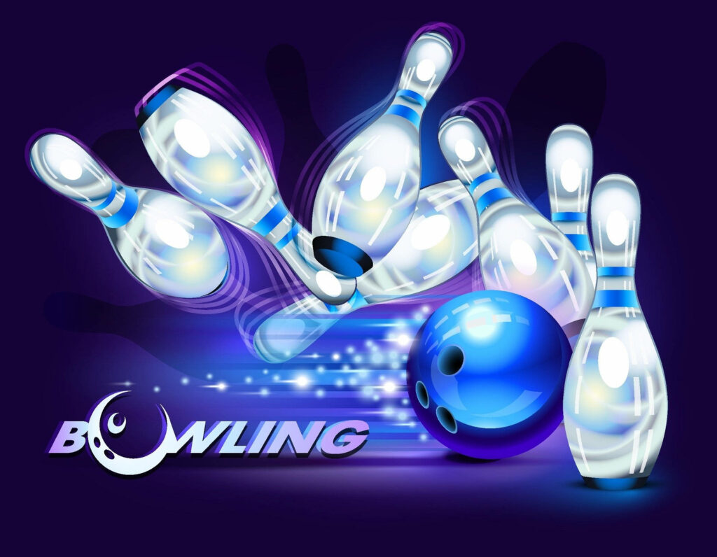 Dynamic neon crystal bowling pins and vibrant blue bowling ball in motion 3D wallpaper