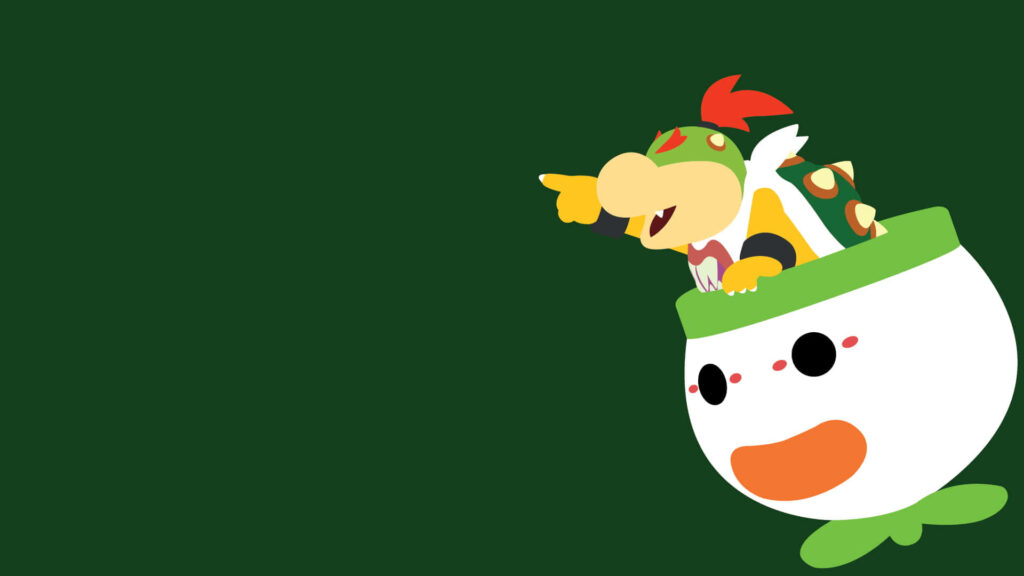Bowser Jr riding Junior Clown Car vibrant Nintendo wallpaper green background dynamic art