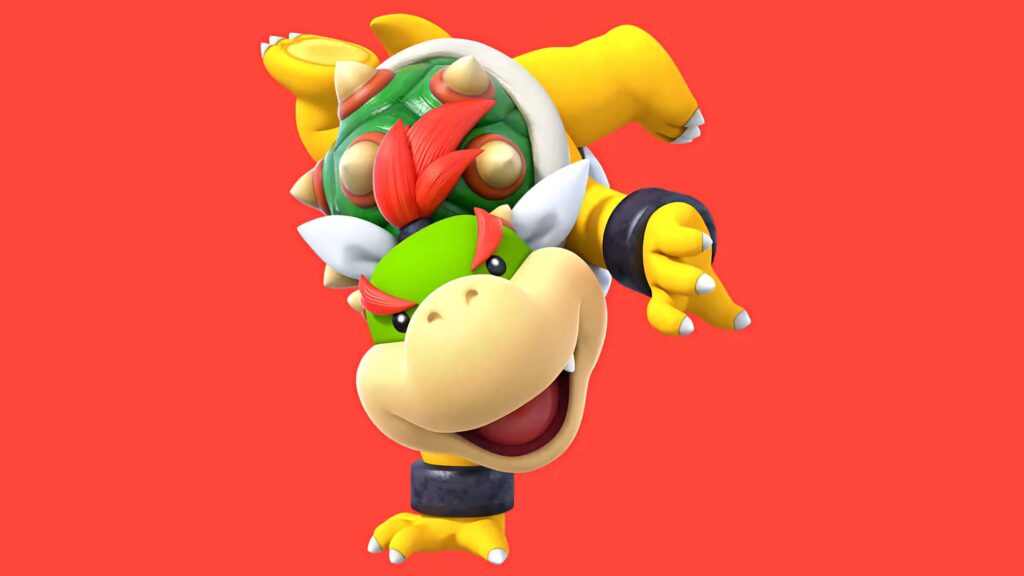 Bowser Jr in dynamic pose with paintbrush vibrant colors Mario game character red background Wallpaper