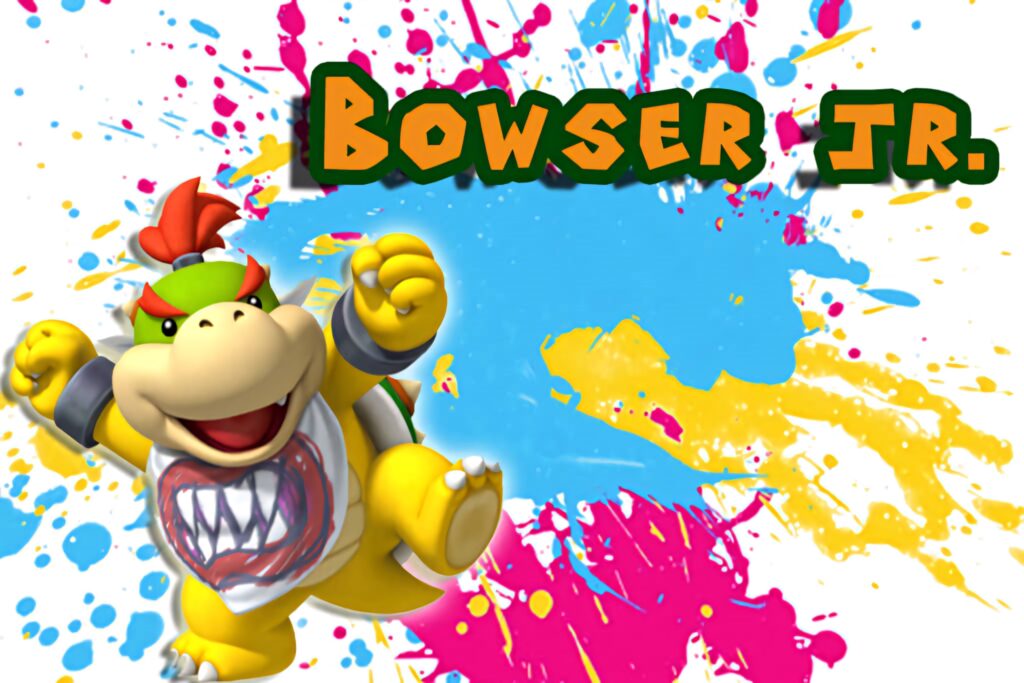 Bowser Jr. in fierce pose with toothy belly maw on vibrant blue pink yellow splatter background gaming wallpaper