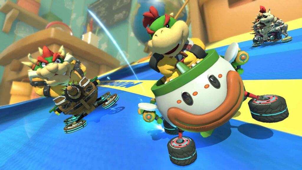 Bowser Jr racing in vibrant Mario Kart 3D wallpaper with colorful dynamic game-inspired background