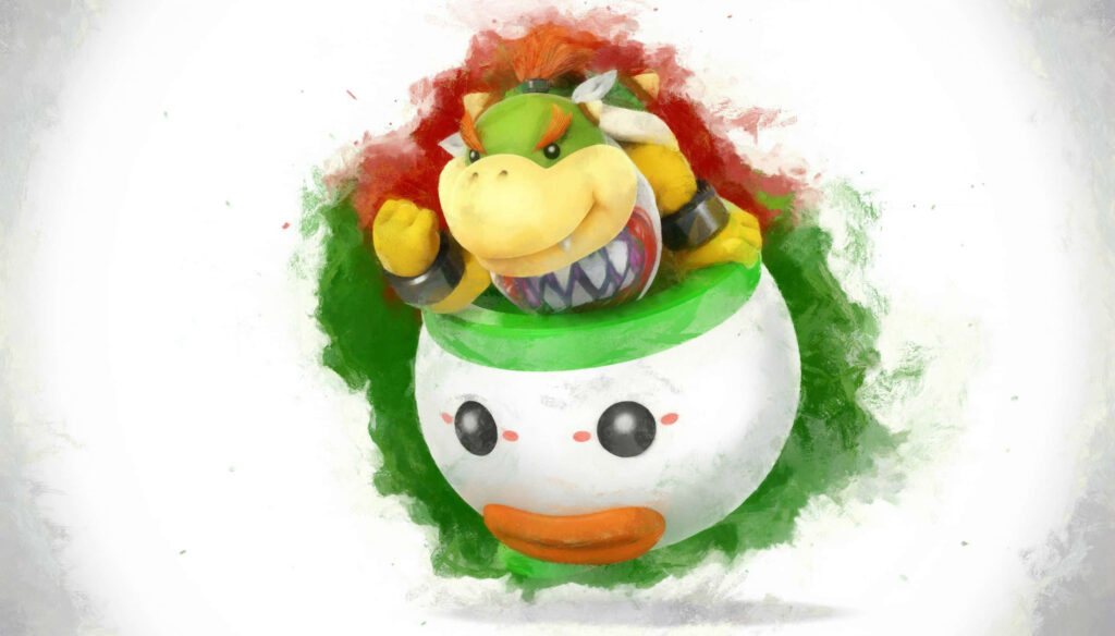 Bowser Jr in vibrant digital art battling in signature Clown Car with energetic paint splatter effects Wallpaper