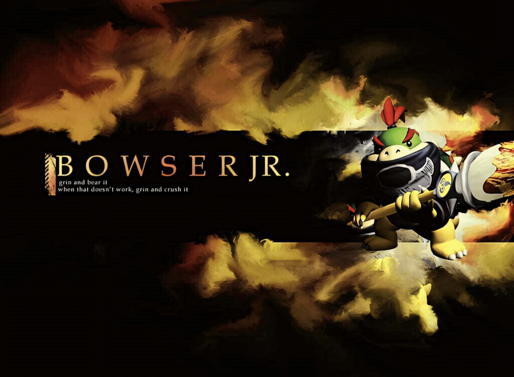 Bowser Jr. dynamic stance with flaming weapon vivid fiery background yellow black wallpaper