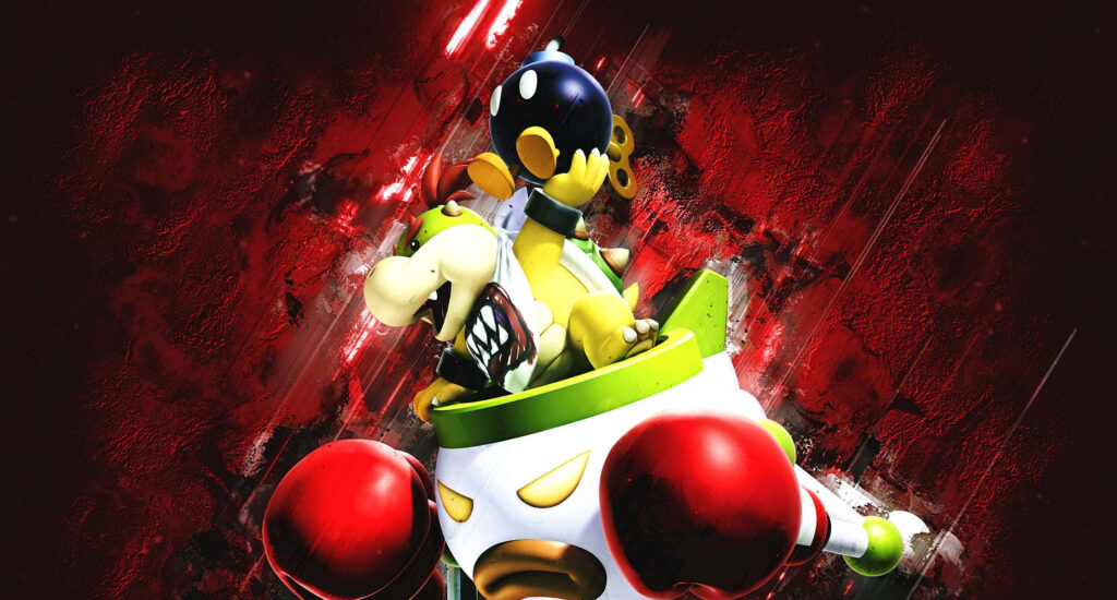 Bowser Jr in flying clown car with energetic lighting on bold red abstract digital background Wallpaper