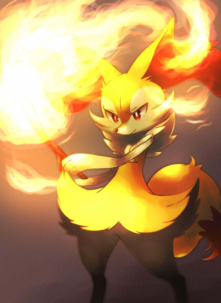 Braixen using Fire Spin attack vibrant yellow orange flames digital painting Pokémon wallpaper