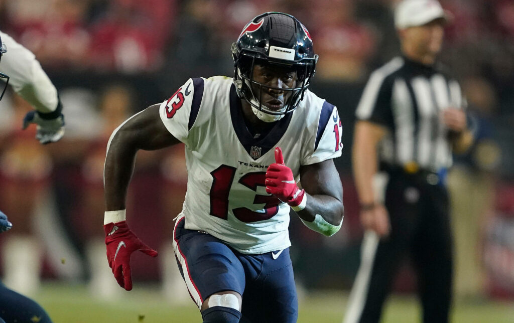 Brandin Cooks Houston Texans running in full uniform NFL game action vibrant colors wallpaper