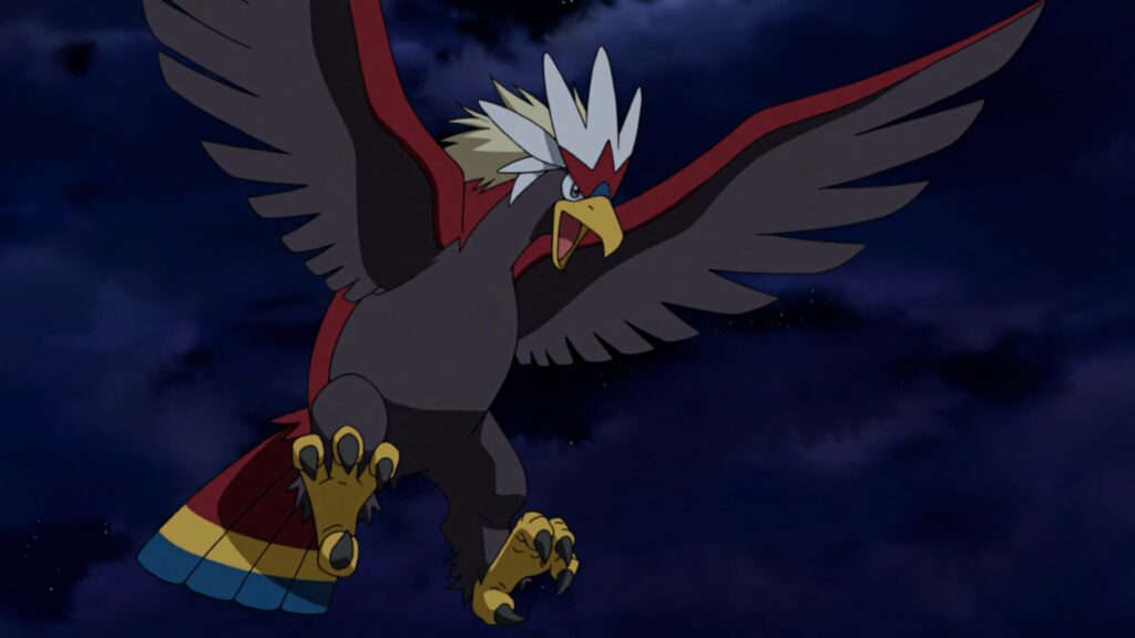 Braviary soaring at night with sharp talons bold red and white feathers anime wallpaper background