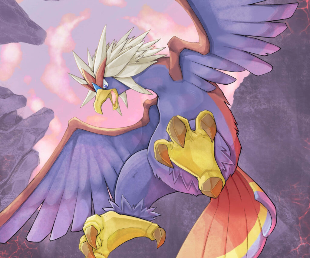 Braviary soaring between rocky cliffs vibrant blue purple gold feathers anime style wallpaper