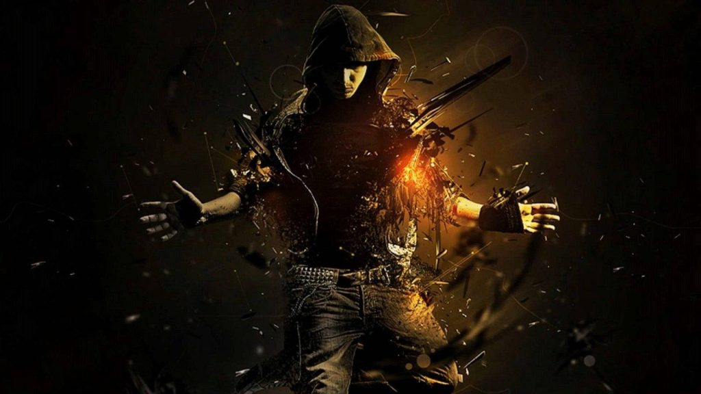 Hooded boy breakdancing with vibrant amber sparks on dark moody digital art wallpaper background