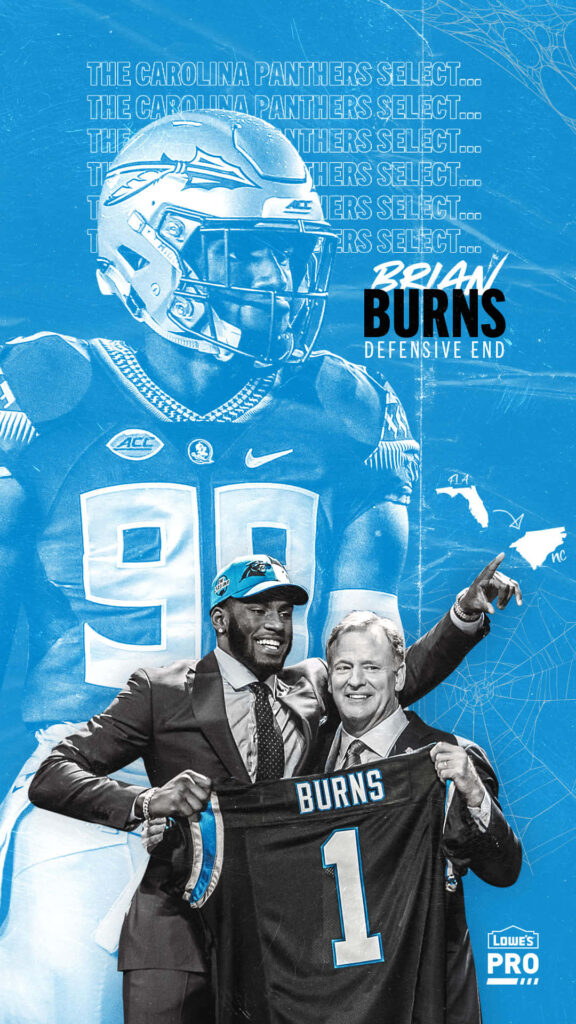 Brian Burns Carolina Panthers wallpaper in blue black and white showing defensive end debut moment
