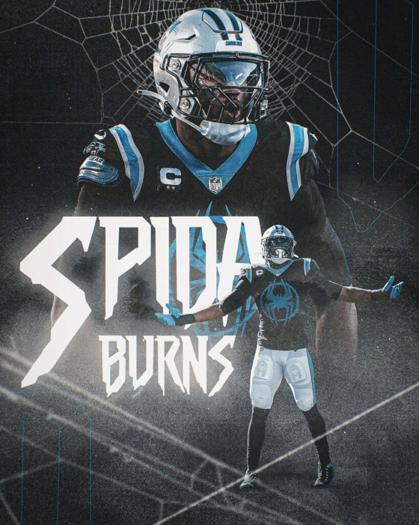 Brian Burns Carolina Panthers football artwork with spider web graphic blue and black wallpaper background