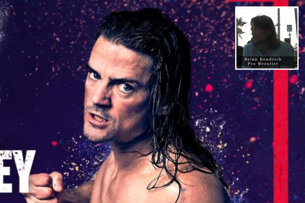 Brian Kendrick fist pump wrestling wallpaper intense pose wet hair gritty blue red background