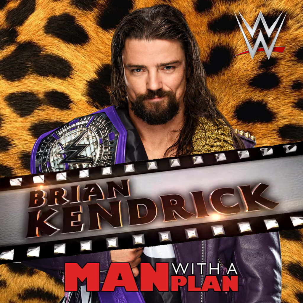 Brian Kendrick WWE wallpaper holding championship belt with bold leopard print and metallic text
