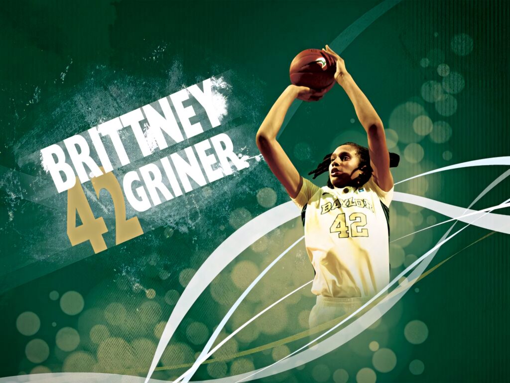 Brittney Griner Baylor basketball star in action vibrant green gold background energetic wallpaper