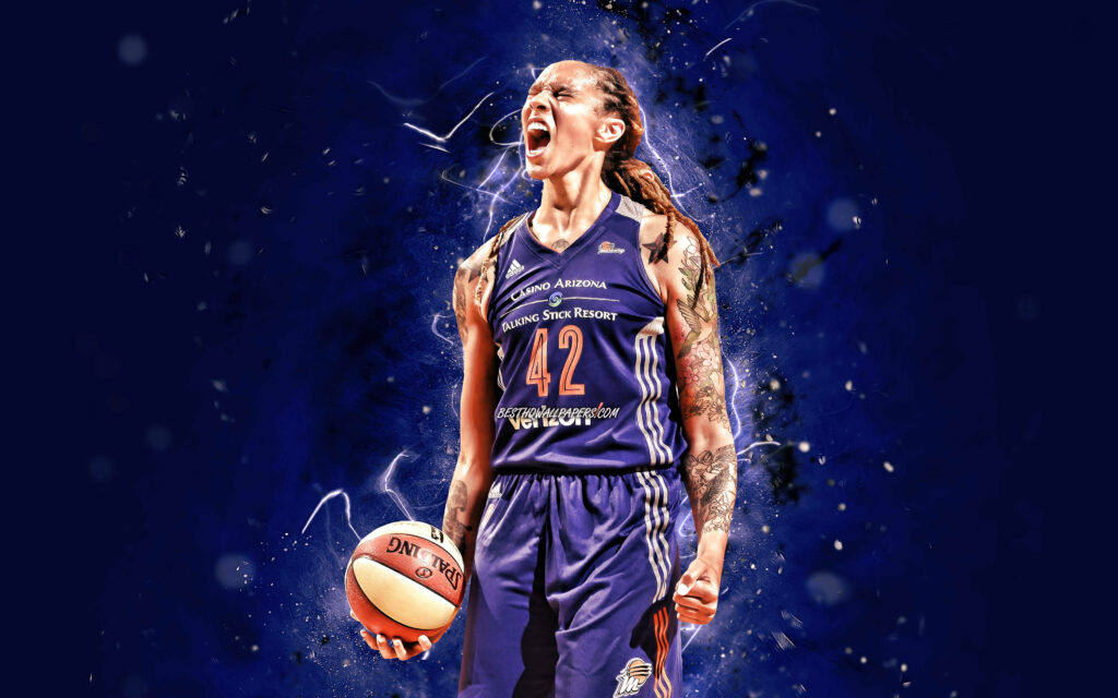 Brittney Griner Phoenix Mercury wallpaper in team uniform with basketball on vibrant blue background