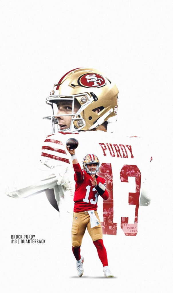 Brock Purdy 49ers quarterback artwork throwing pose red and gold San Francisco 49ers uniform wallpaper