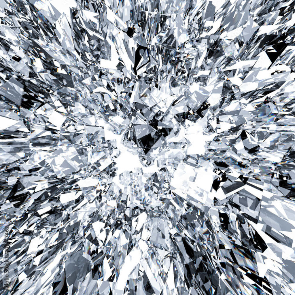 Dynamic shattered glass background with sharp reflective fragments in monochrome tones Wallpaper