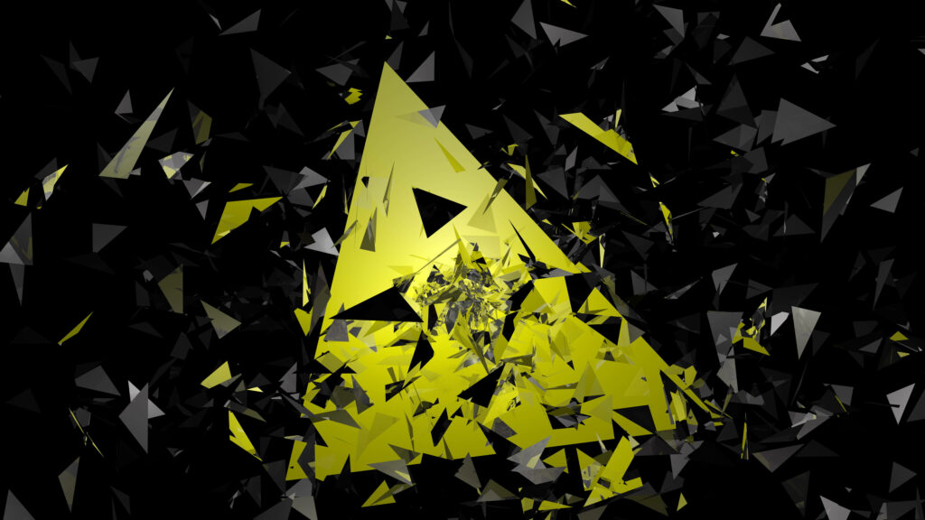 Broken glass wallpaper with vibrant yellow triangle and sharp black grey shards abstract art
