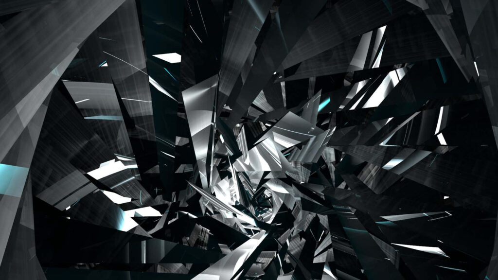 Dynamic broken glass wallpaper with sharp shattered shards on a dark monochrome background