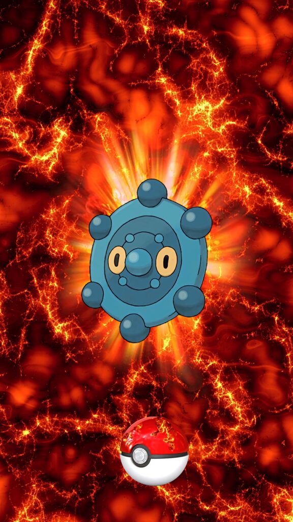 Bronzor steel psychic type Pokémon with fiery orange explosion and vibrant Poké Ball wallpaper