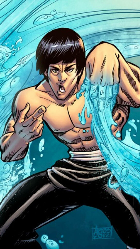 Bruce Lee comic art wallpaper shirtless with muscles intense expression blue water effects dynamic