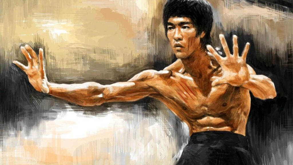 Bruce Lee digital painting wallpaper martial arts legend fighting stance muscular physique