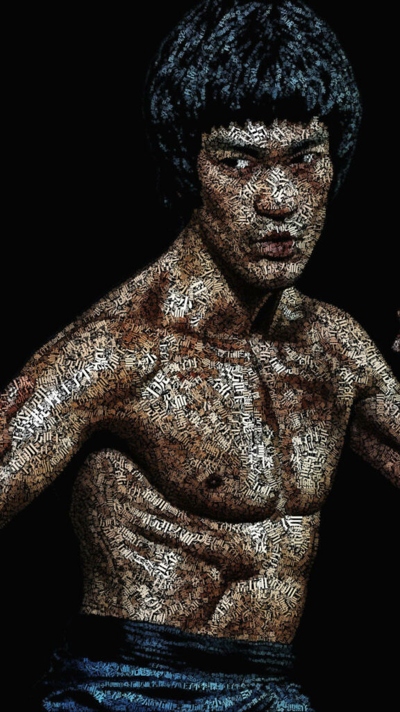 Bruce Lee artistic portrait wallpaper with intricate text design intense martial arts stance black background
