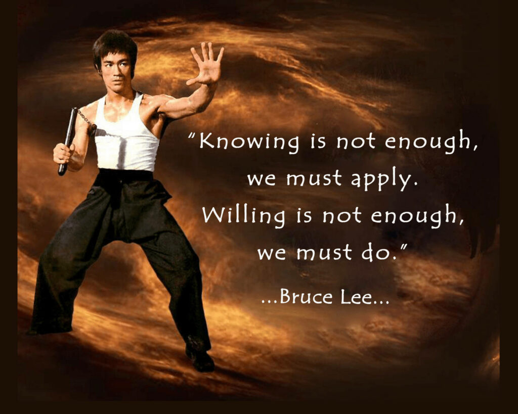 Bruce Lee fighting pose with nunchaku on swirling brown black background motivational quote wallpaper