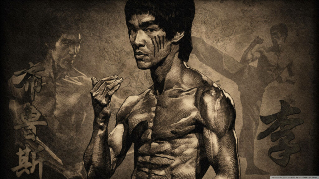 Bruce Lee sepia martial arts wallpaper intense pose muscular physique Mandarin art sketch