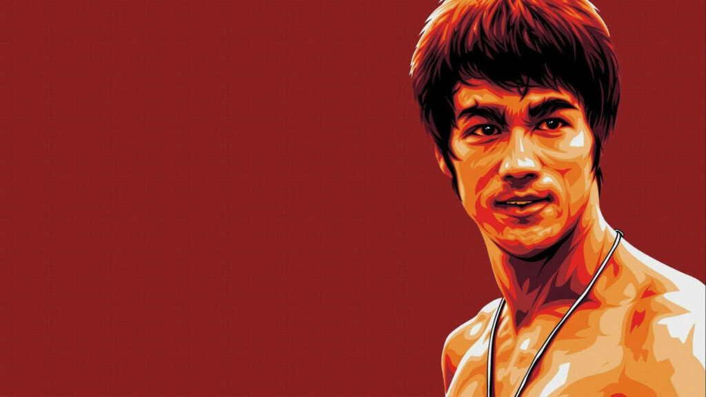Bruce Lee vector art wallpaper bold vibrant red background intense expression muscular physique