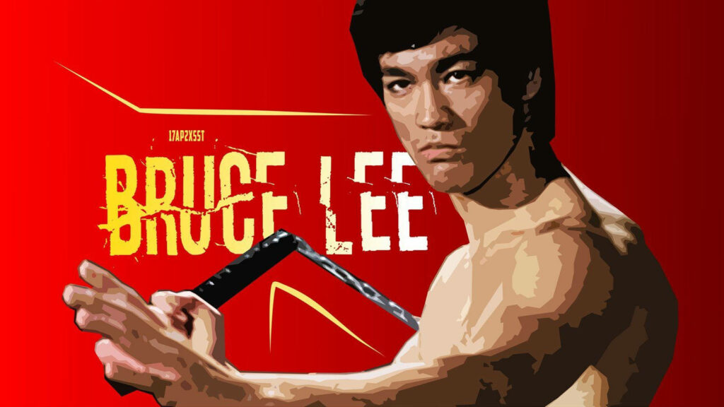 Bruce Lee fighting stance vector art on vibrant red background dynamic martial arts wallpaper