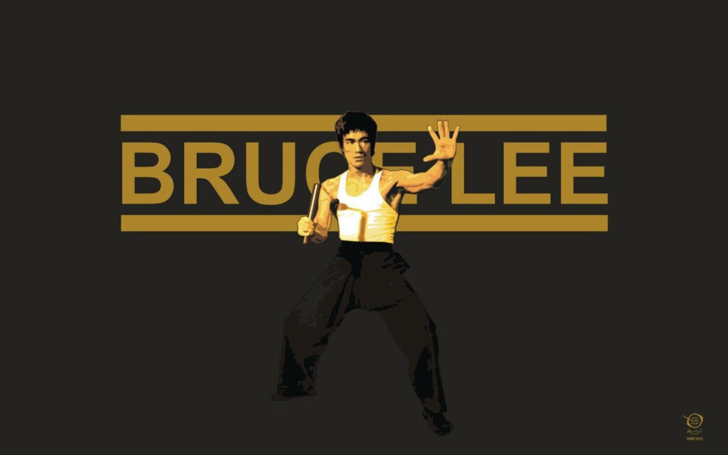 Bruce Lee martial arts pose wallpaper with bold gold text minimalist dark modern vector art