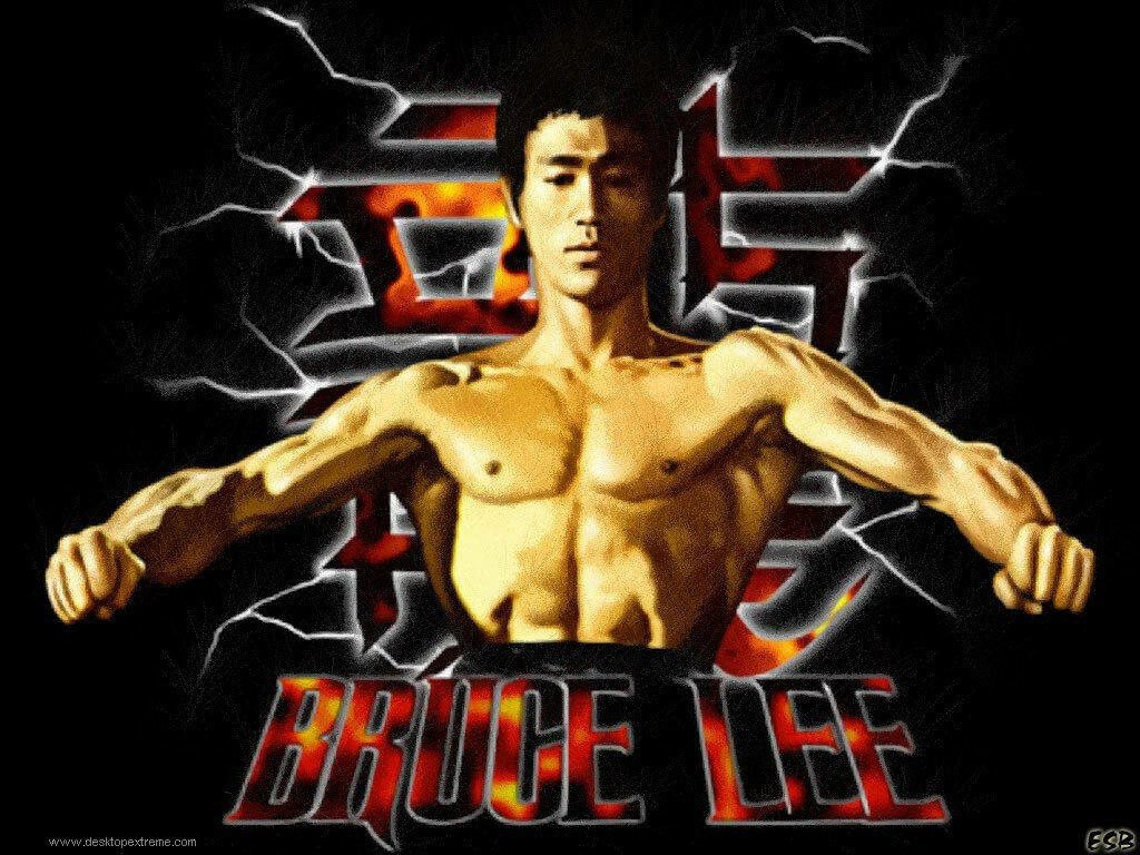 Bruce Lee powerful pose muscular physique intense expression black background red Chinese characters lightning effects wallpaper